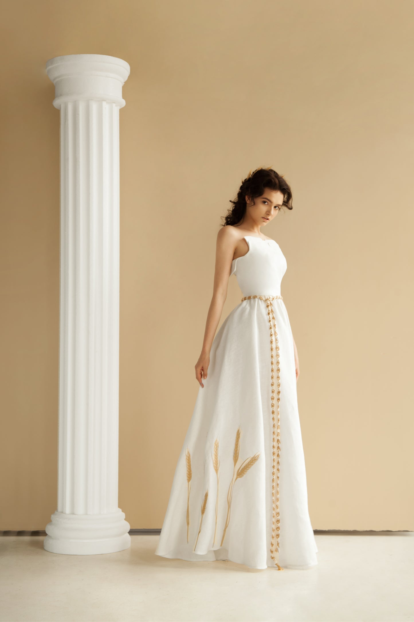 Embroidered gold wheat linen dress