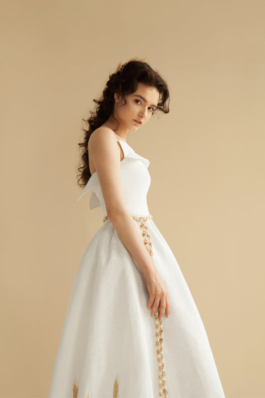 Embroidered gold wheat linen dress