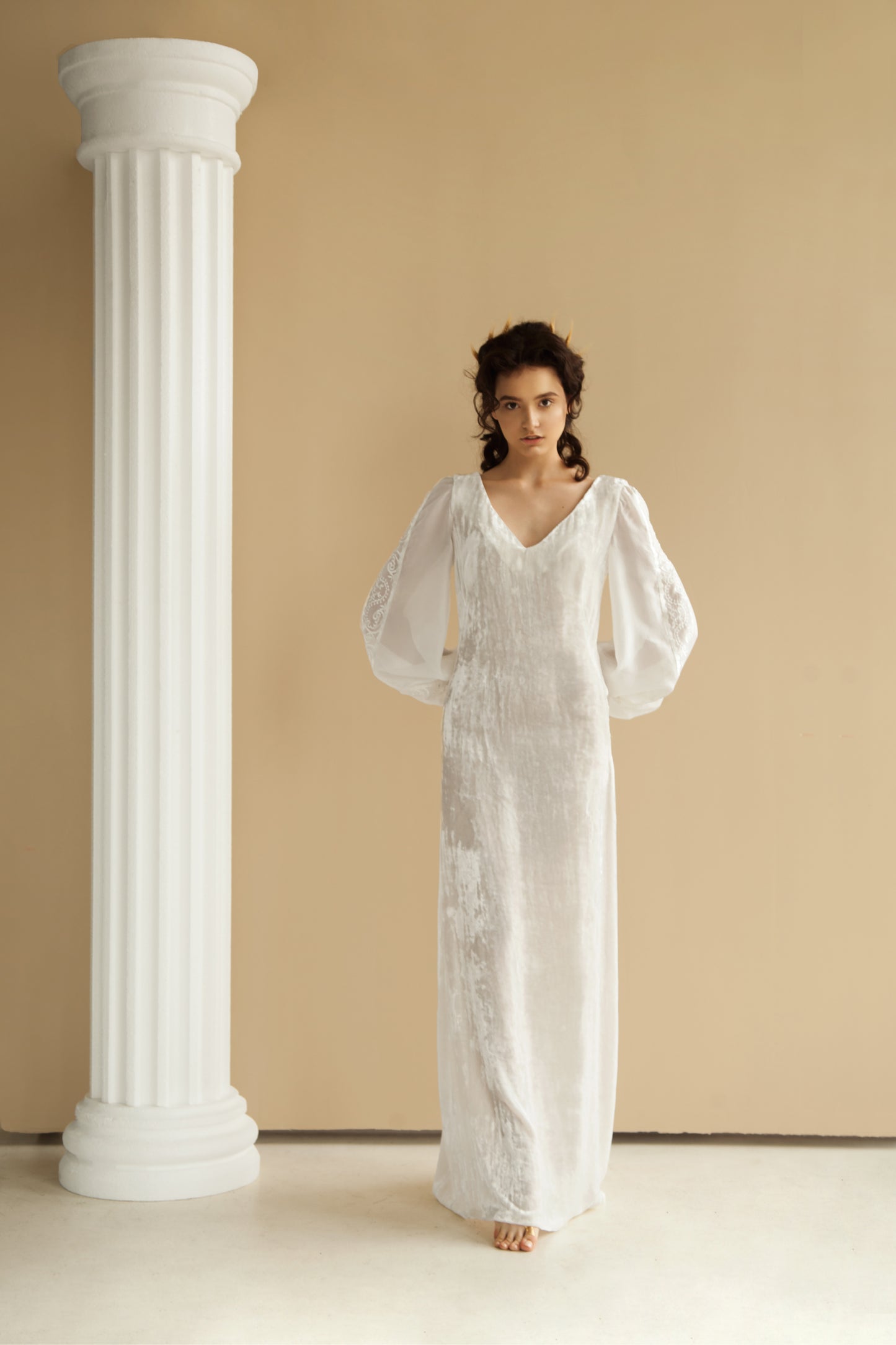 Light embroidered velvet dress with embroidered silk sleeves
