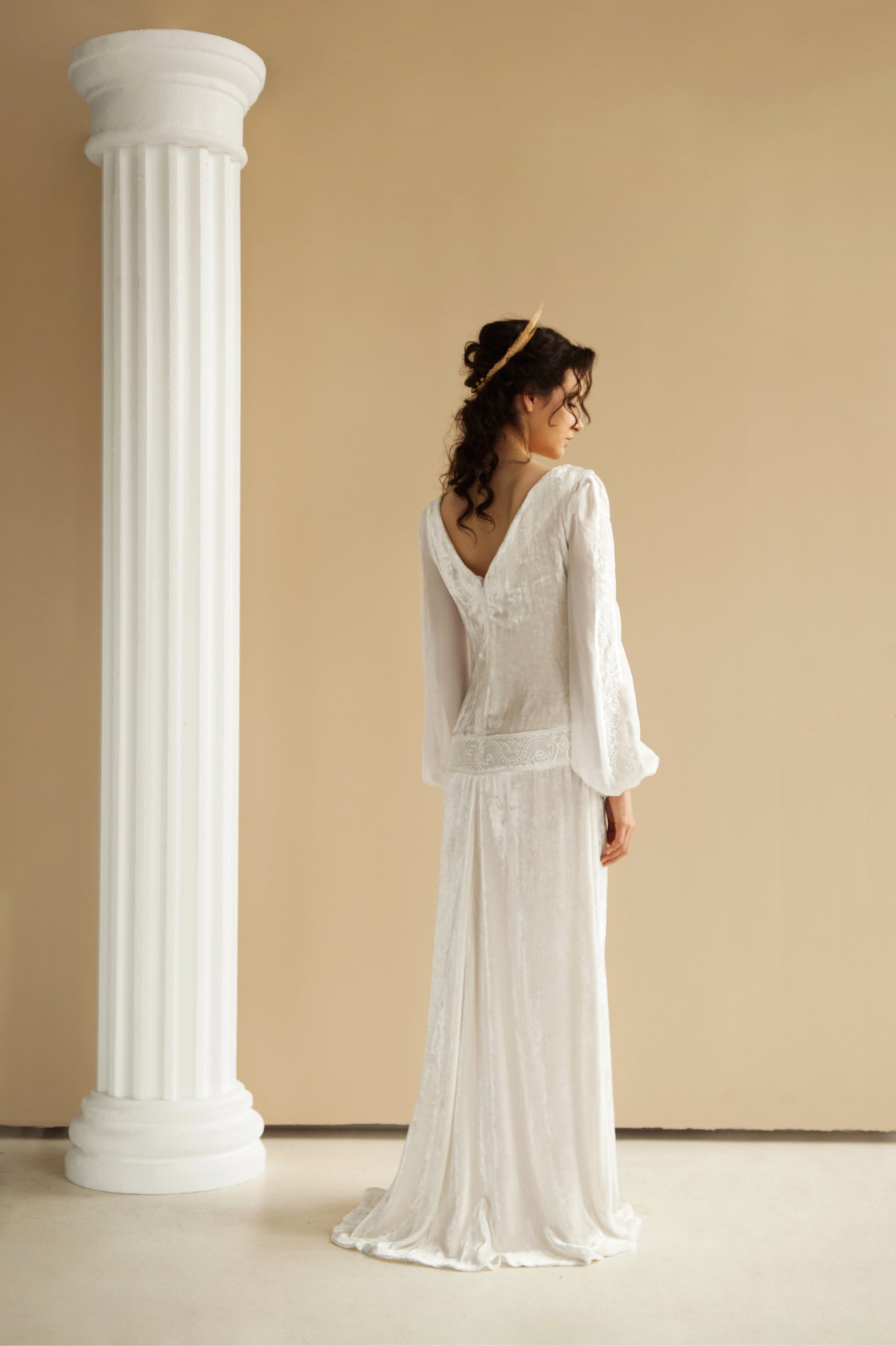 Light embroidered velvet dress with embroidered silk sleeves