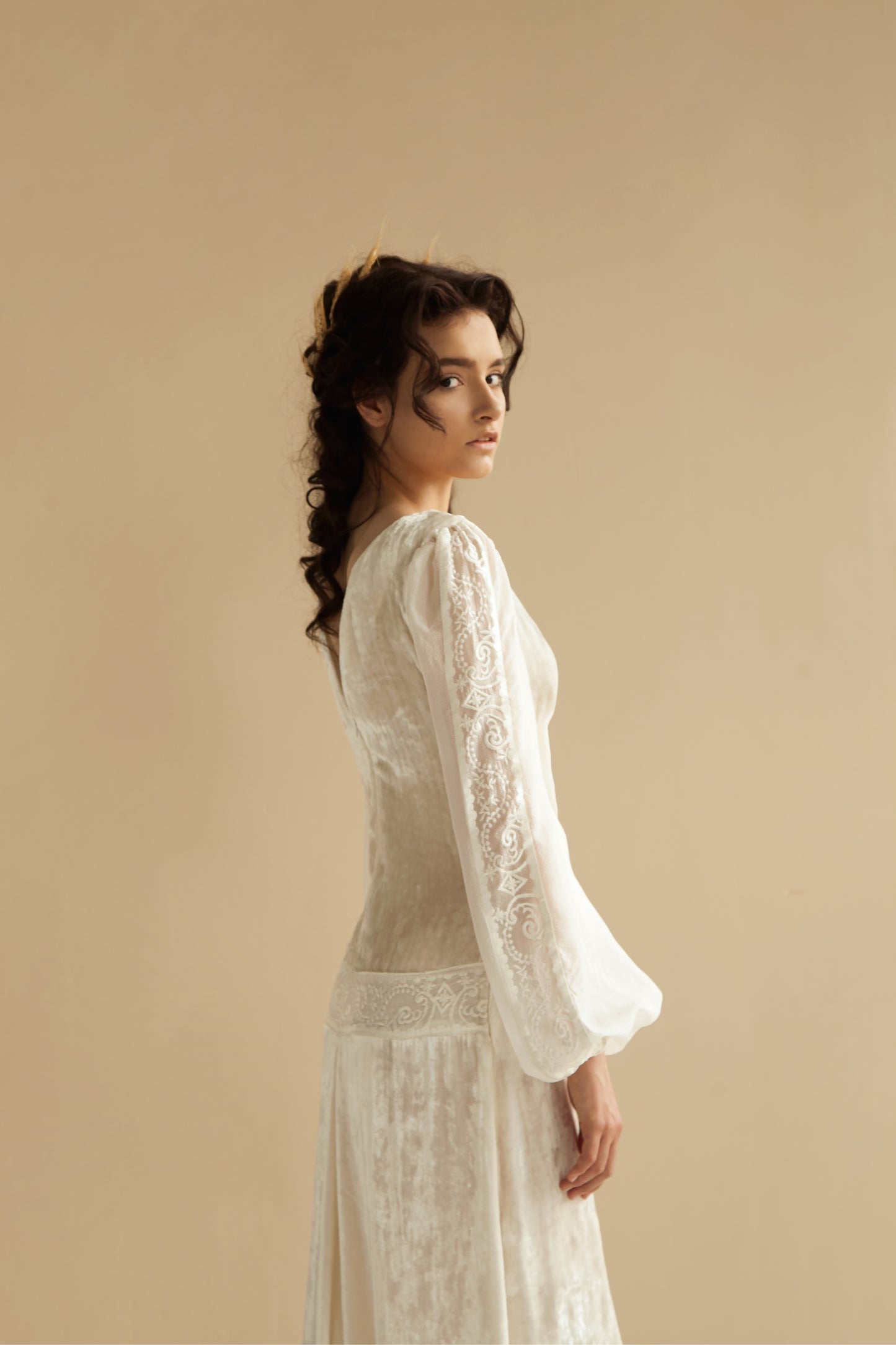 Light embroidered velvet dress with embroidered silk sleeves