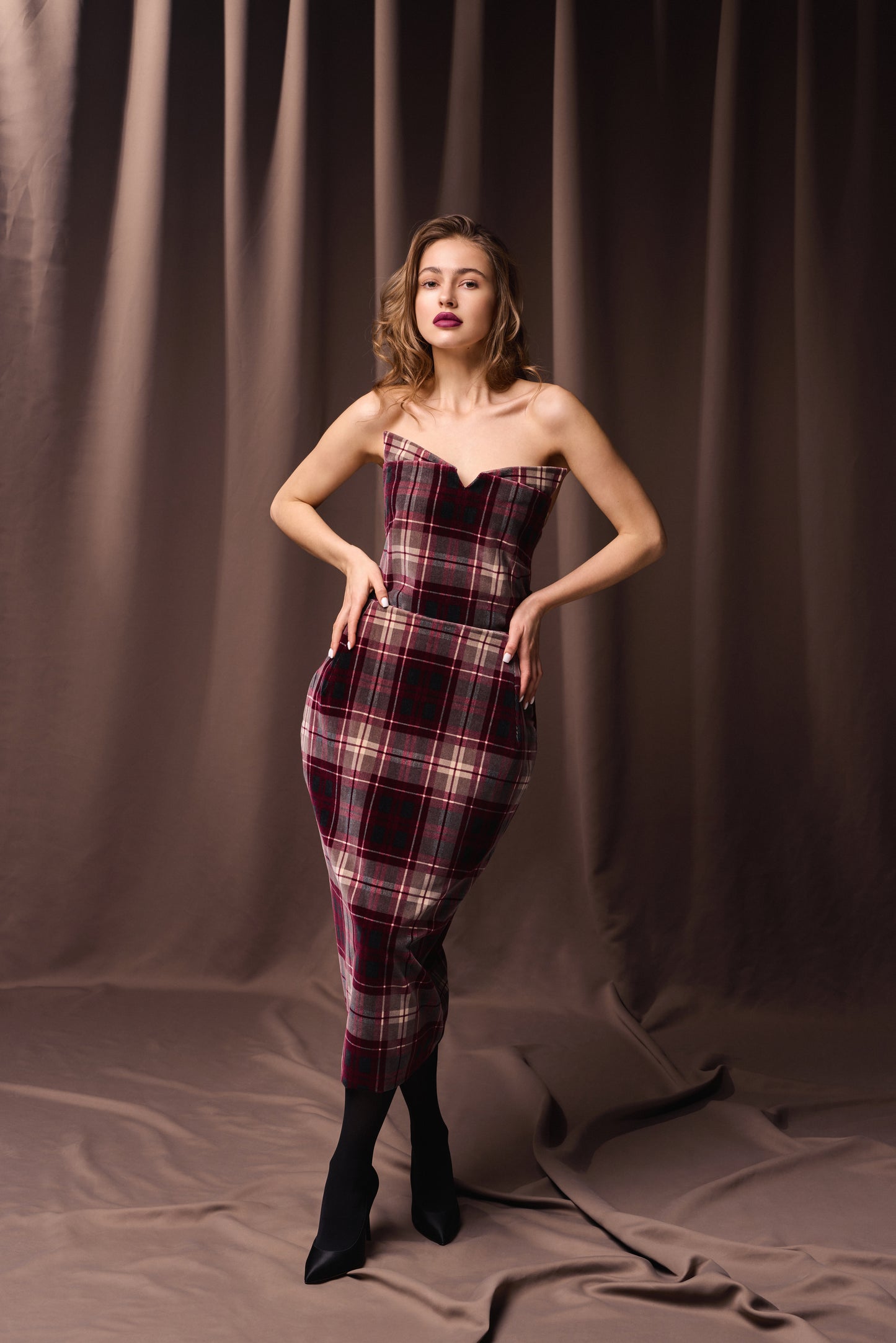 Velvet Midi Tartan Dress